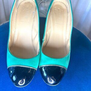 J.Crew Satin Green & Black Leather Chunky Heels - 4”